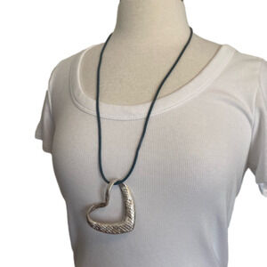 Women's Sweet Lola Silver Heart Pendant Grn Cord Statement BOHO Chunky Necklace